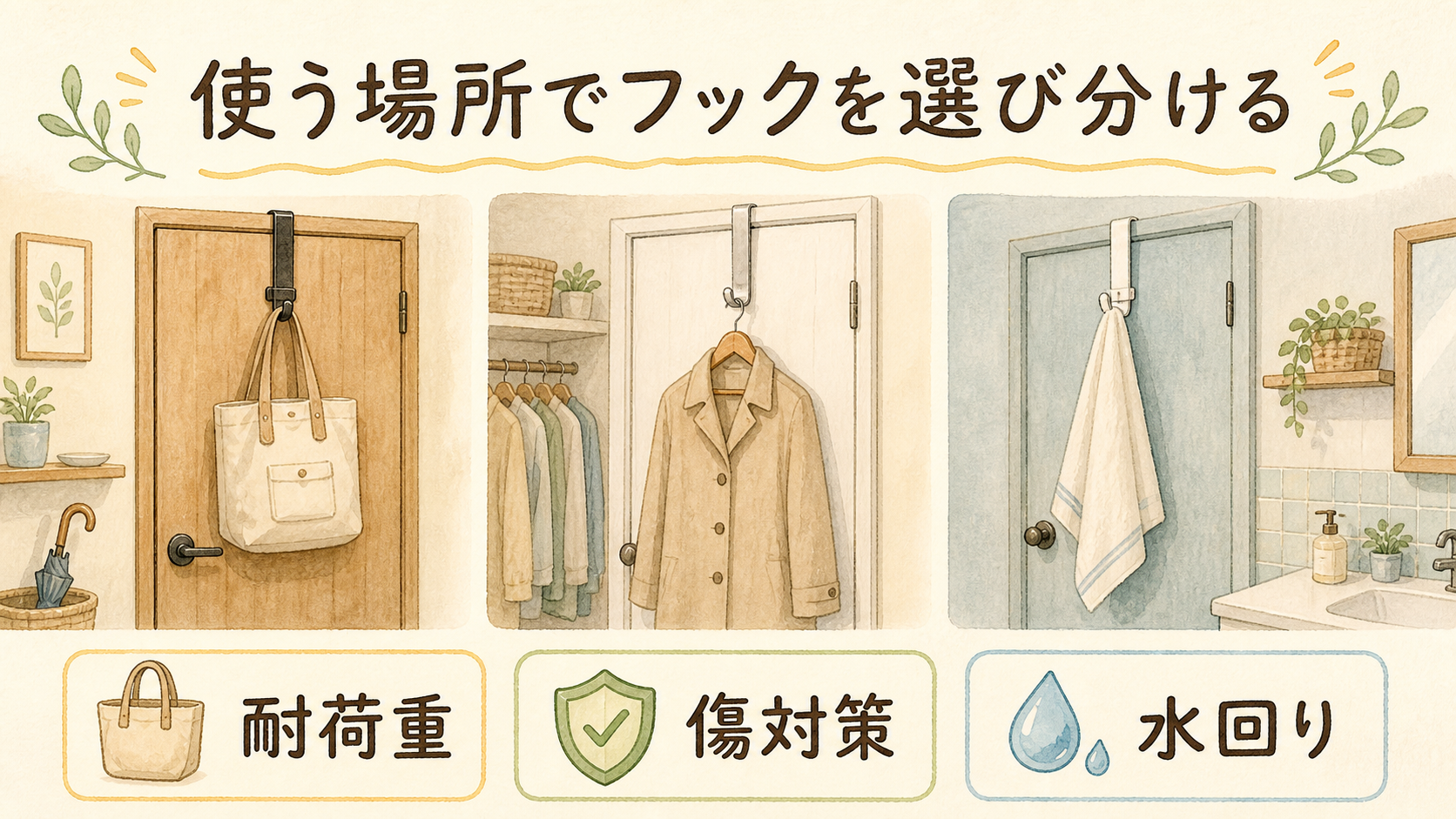 使う場所でフックを選び分けるの結論を示す手書き図解