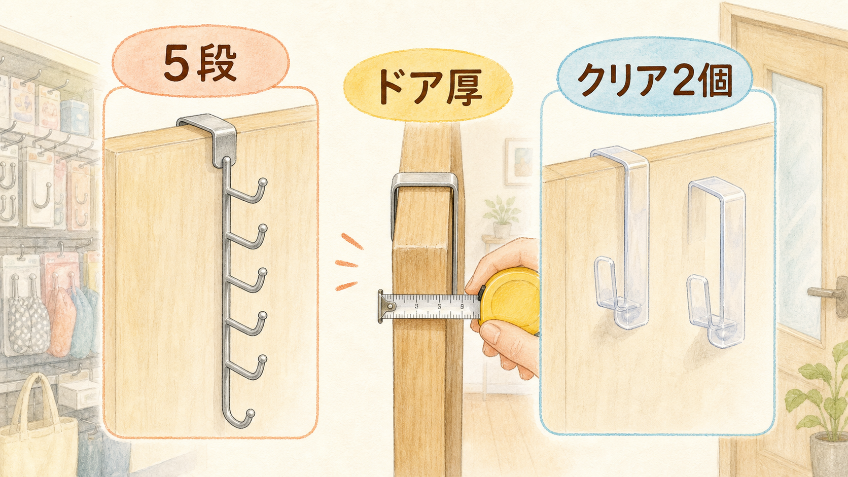 ダイソーはドア厚別に選べるの結論を示す手書き図解
