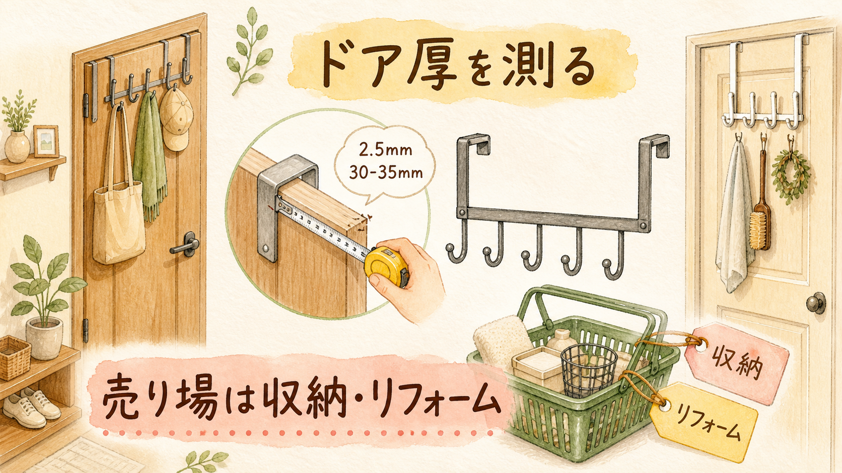 100均のドアフックはどこに売ってる！ドア厚と店舗売り場を確認の結論を示す手書き図解