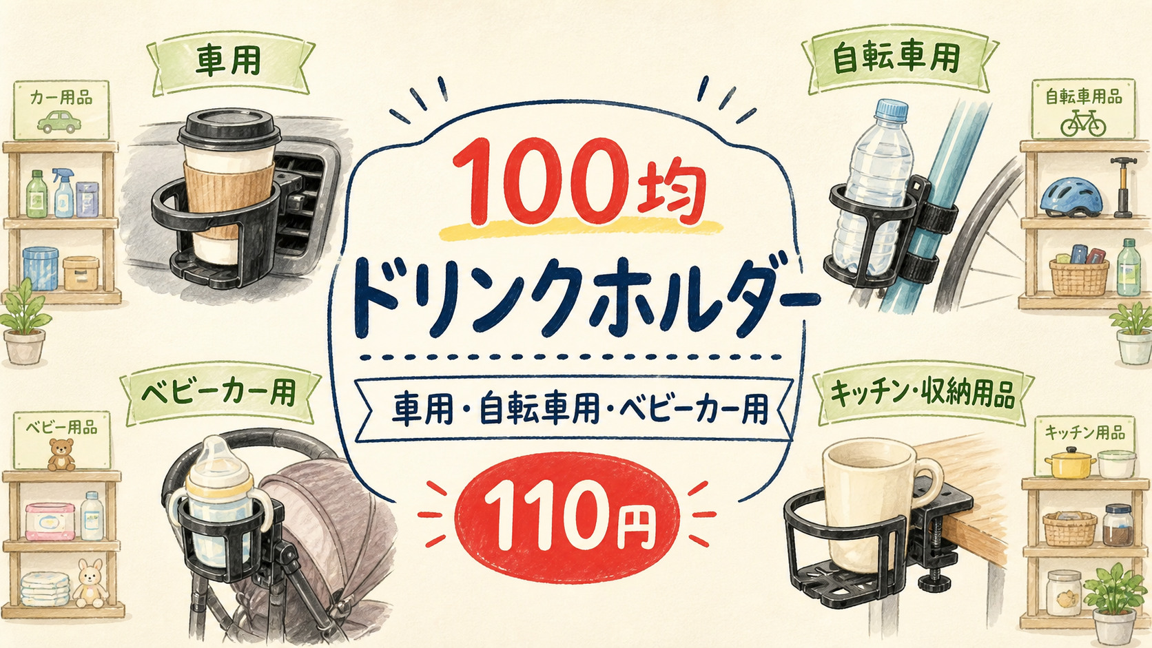 100均のドリンクホルダーはどこに売ってる！車用と自転車用の売り場の結論を示す手書き図解