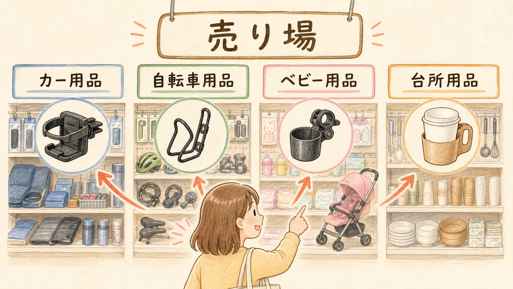 100均ドリンクホルダーの売り場の結論を示す手書き図解