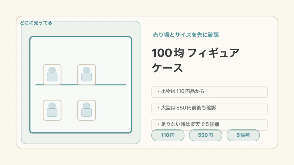 100均のフィギュアケースはどこに売ってる！売り場とサイズを調査の結論を示す手書き図解