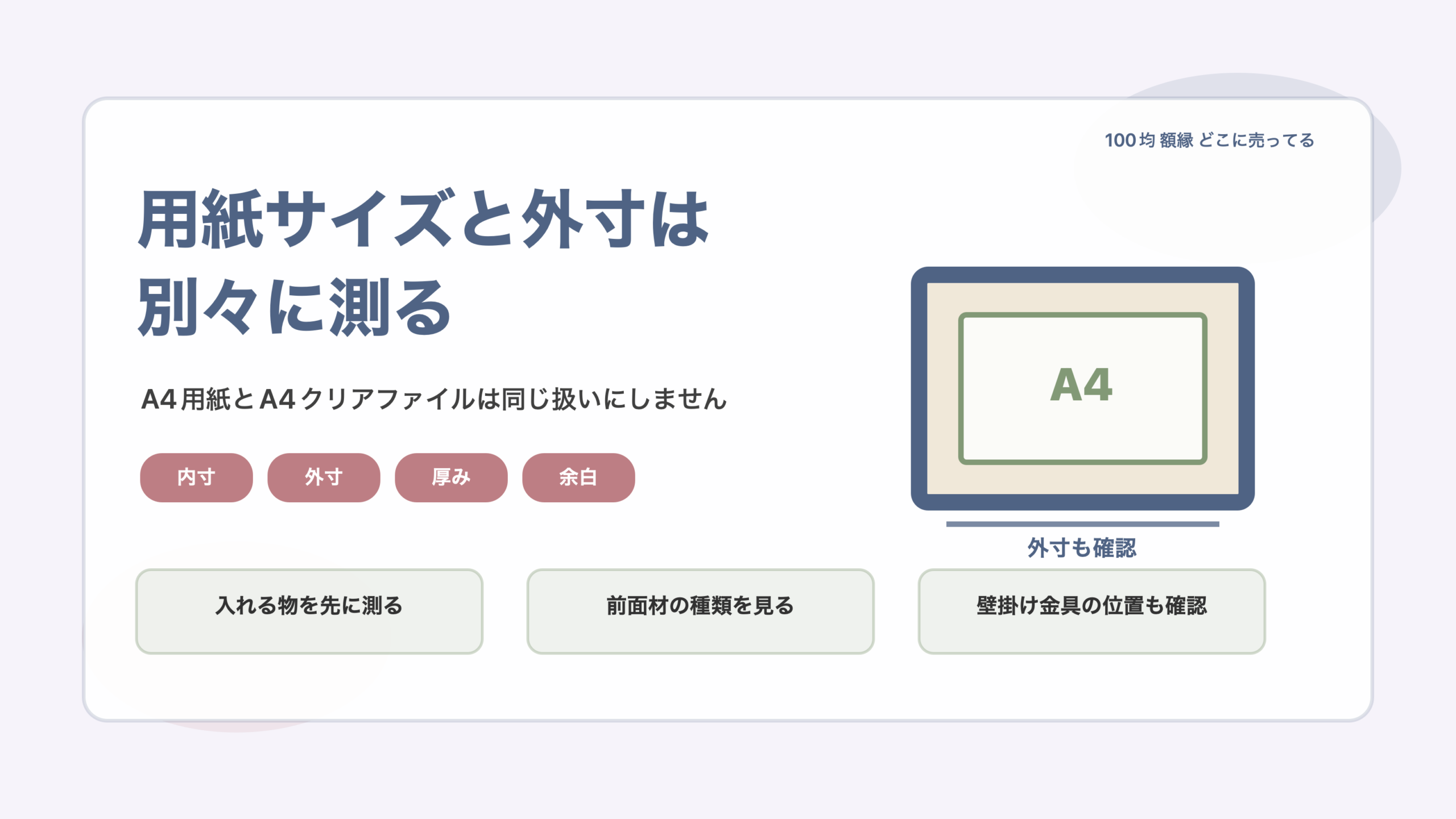 用紙サイズと外寸を分けて測りますの結論を示す手書き図解