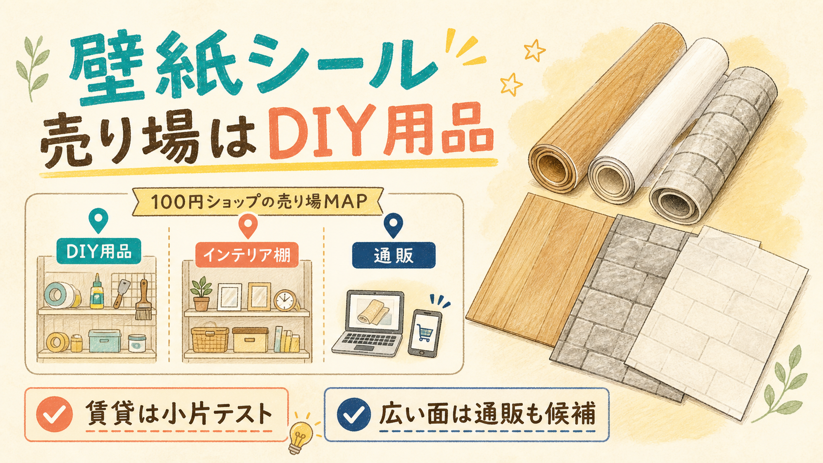 100均の壁紙シールはどこに売ってる！貼る場所別に売り場を調査の結論を示す手書き図解