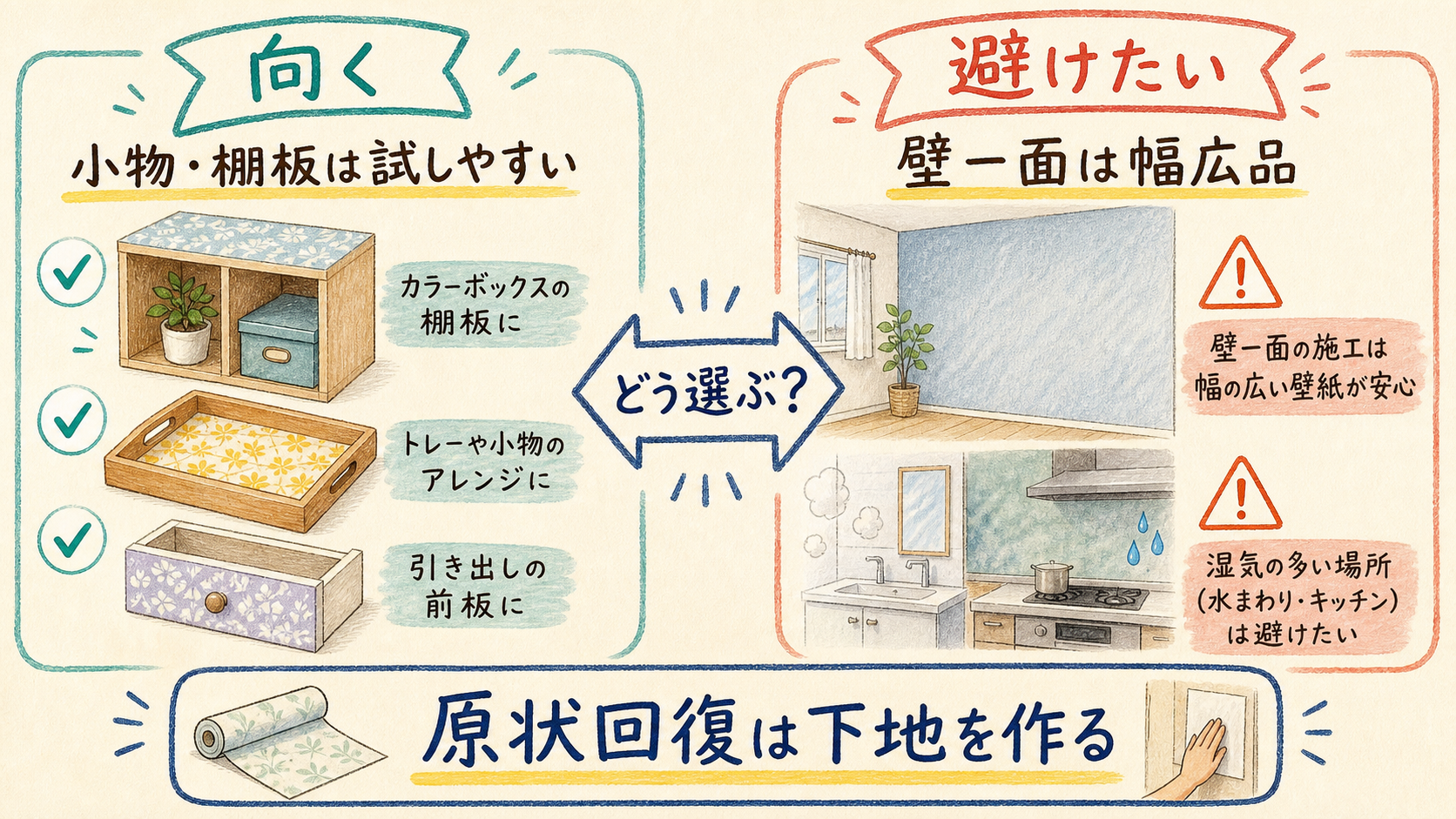 100均で向く場所と避けたい場所の結論を示す手書き図解