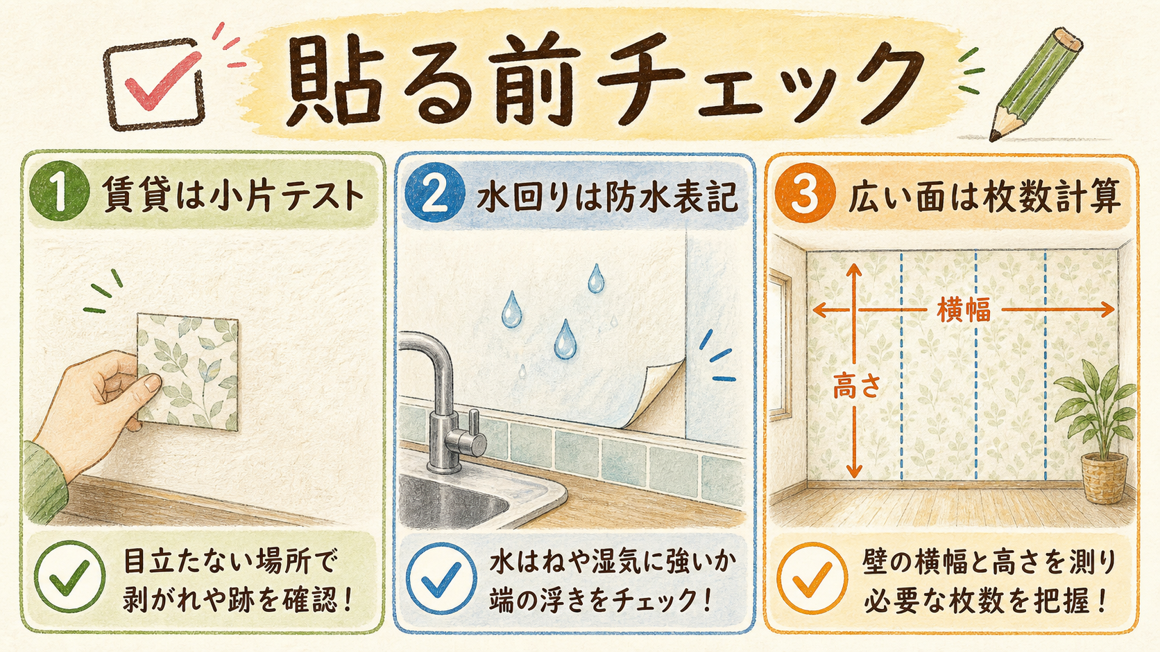 壁に貼る前は素材と下地を確認するの結論を示す手書き図解