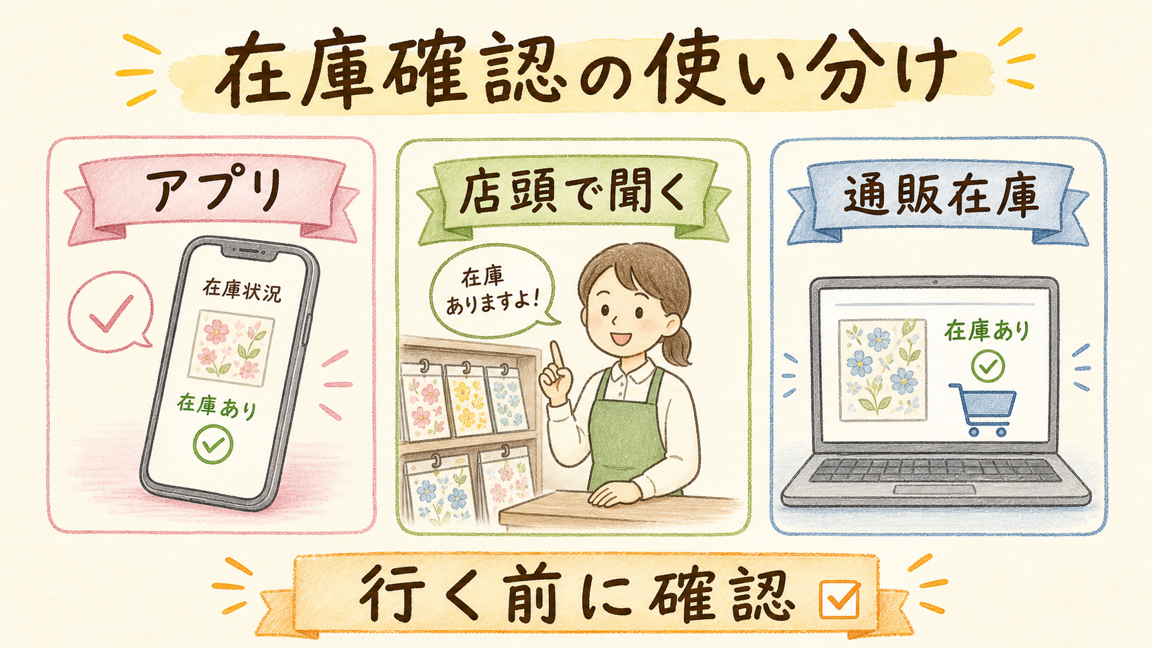 ダイソーアプリと店舗確認の使い分けの結論を示す手書き図解