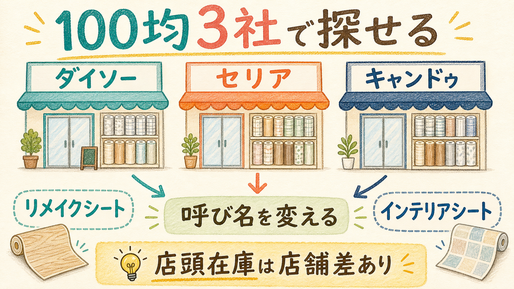 壁紙シールは100均3社で買えるの結論を示す手書き図解