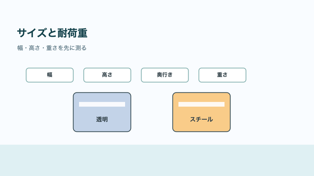 サイズと耐荷重は置く物から逆算するの結論を示す手書き図解