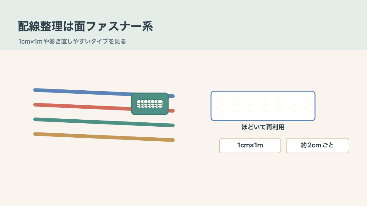 配線整理なら面ファスナー系を見ますの結論を示す手書き図解