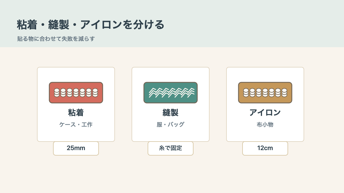 貼る物で粘着と縫製を分けますの結論を示す手書き図解