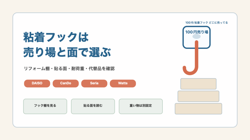 100均の粘着フックはどこに売ってる！店別売り場と代替品も確認の結論を示す手書き図解