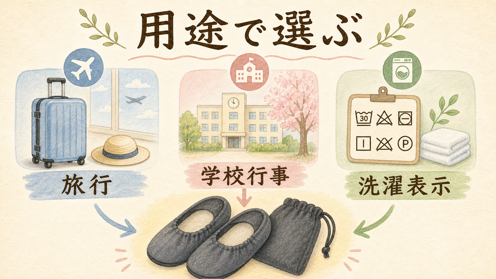 用途別に携帯スリッパを選び分けるの結論を示す手書き図解