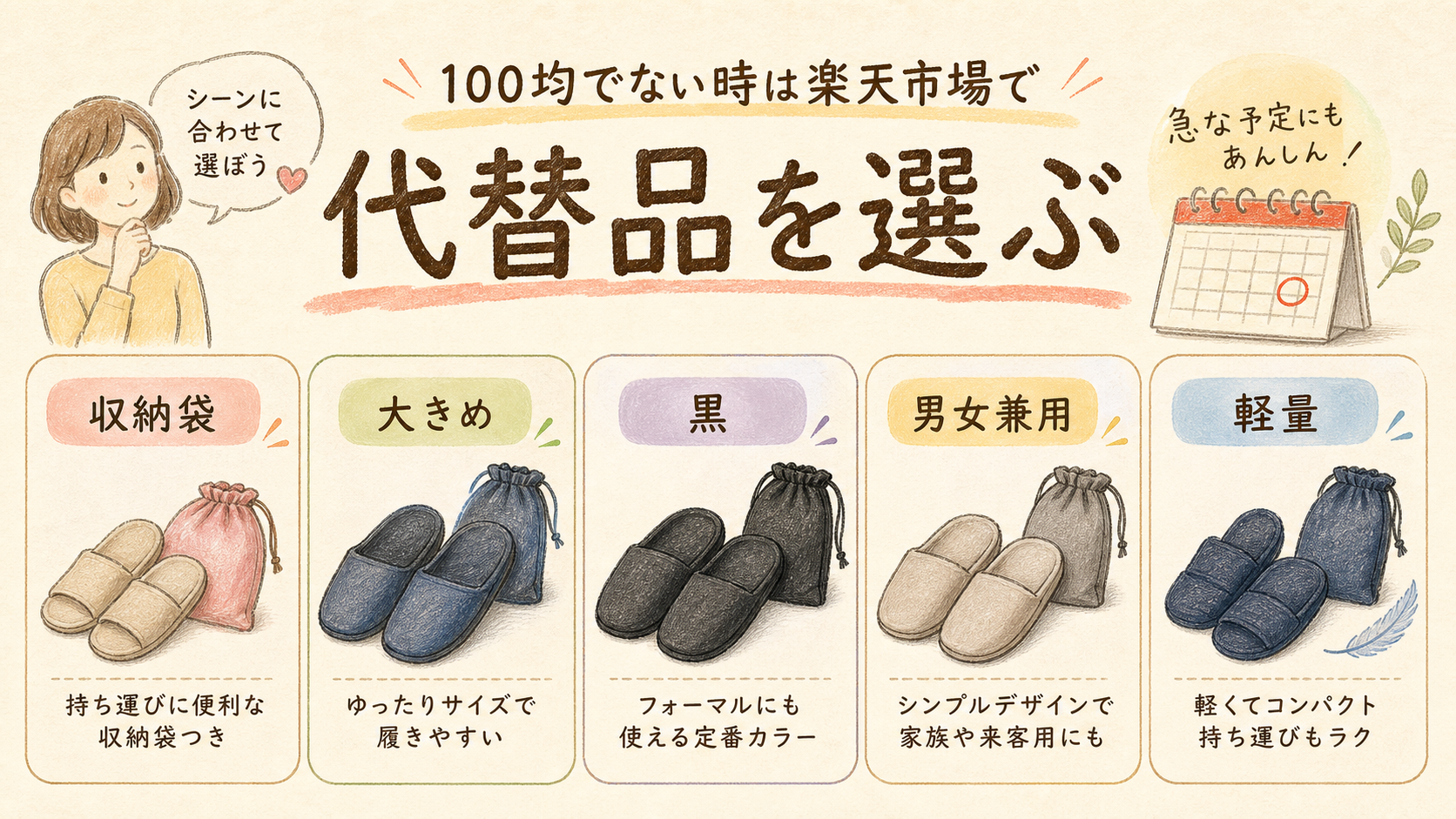 100均でない時は楽天市場で代替品を選ぶの結論を示す手書き図解