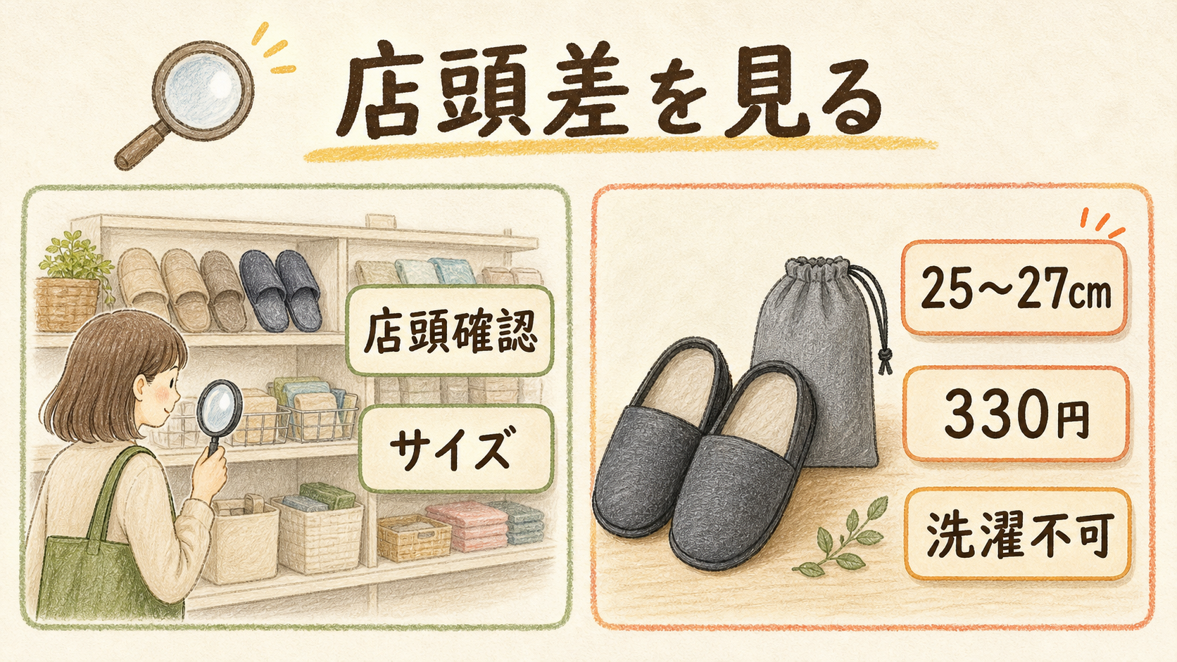 セリアとキャンドゥは店頭差を見るの結論を示す手書き図解