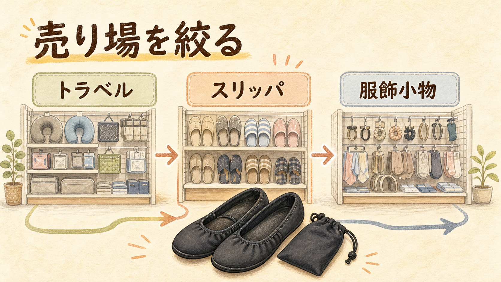 100均携帯スリッパは売り場を絞るの結論を示す手書き図解