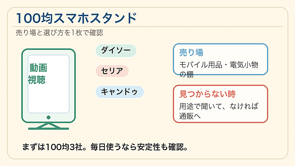 100均のスマホスタンドはどこに売ってる！3社の売り場を調査の結論を示す手書き図解