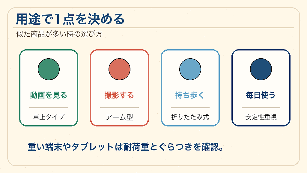 用途別に選ぶスマホスタンドの1点の結論を示す手書き図解