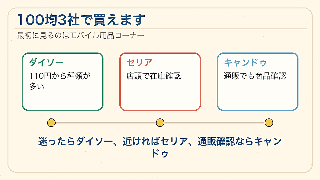 スマホスタンドは100均3社で買えますの結論を示す手書き図解
