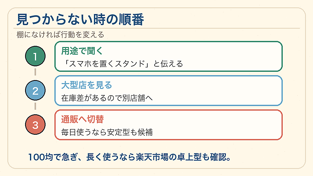 店舗で見つからない時の入手ルートの結論を示す手書き図解