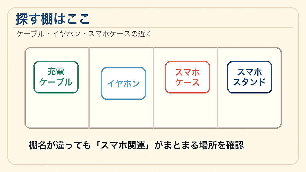 100均スマホスタンドの売り場コーナーの結論を示す手書き図解