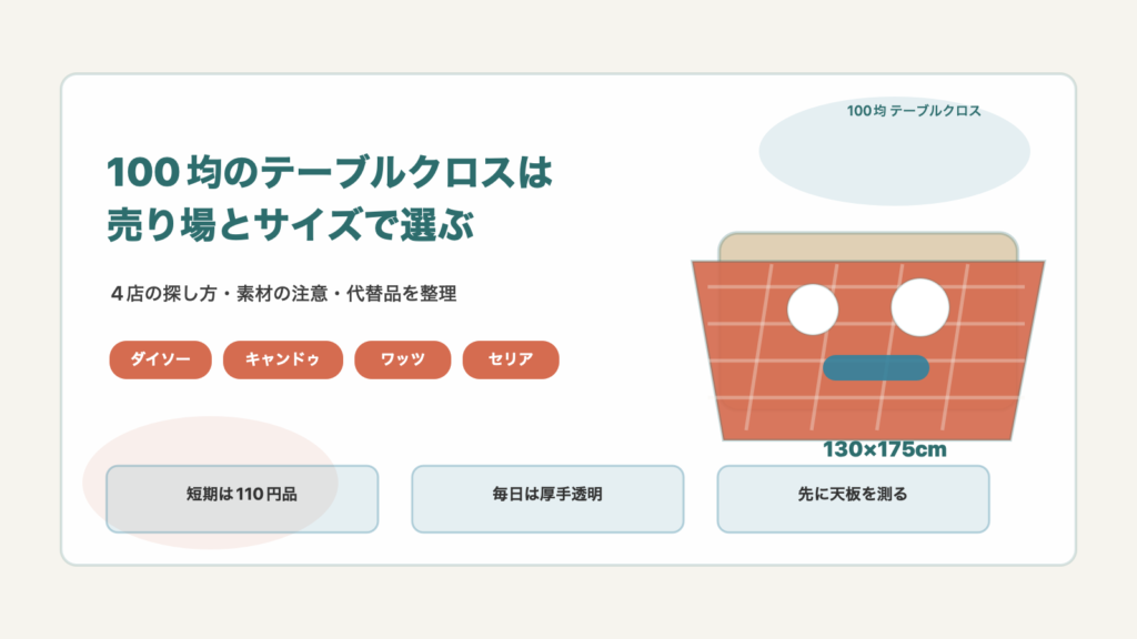 100均のテーブルクロスはどこに売ってる！売り場とサイズを調査の結論を示す手書き図解