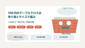 100均のテーブルクロスはどこに売ってる！売り場とサイズを調査の結論を示す手書き図解