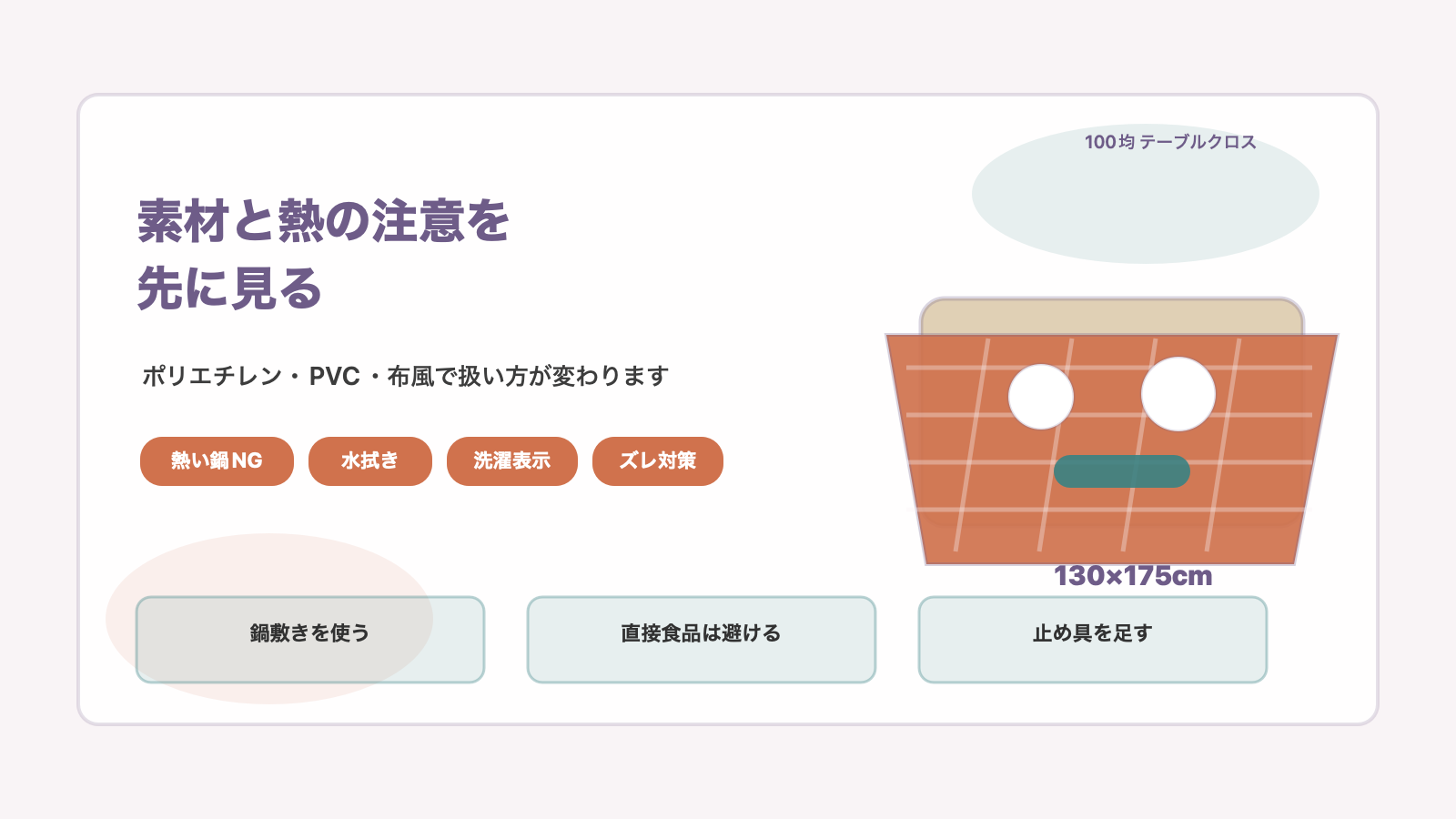 素材と熱の注意点を先に見ますの結論を示す手書き図解